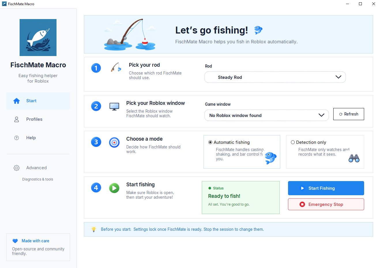 The real FischMate Macro window showing rod selection, Roblox window selection, fishing modes, and start controls